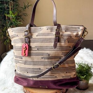 Fossil Kendall Arrow Canvas Leather Cream Brown Crossbody Tote Handbag Purse